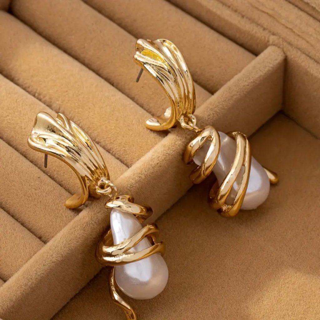 14k Gold Womens Twisted Hanging White Pearl Earrings Natural Freshwater Pearls